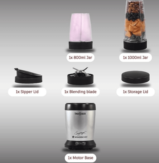 Wonderchef Nutri-blend Thunder Mixer, Grinder, Blender & Smoothie Maker | 22000 RPM, Powerful 1000W 100% Full Copper Motor | SS 6-Blade Assembly | 2 Unbreakable Tritan Jars | 2 Years Warranty | Recipe Book By Chef Sanjeev Kapoor | Black Silver - Image 3